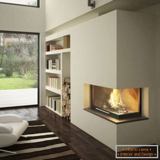 A corner fireplace built into the