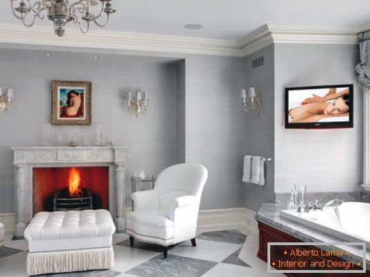 Fireplace and grasscloth wallpaper