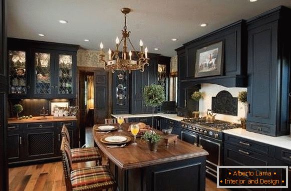 Kitchen design in black and dark colors