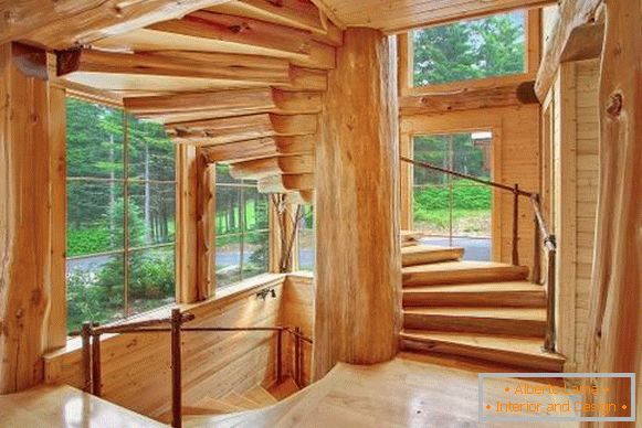 Design of a wooden staircase in a wooden house