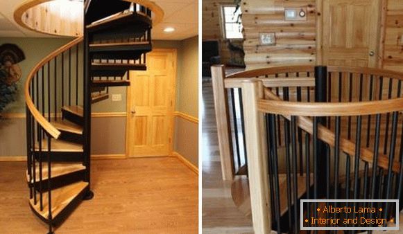 Metal spiral stairs to the second floor - photo with wooden steps