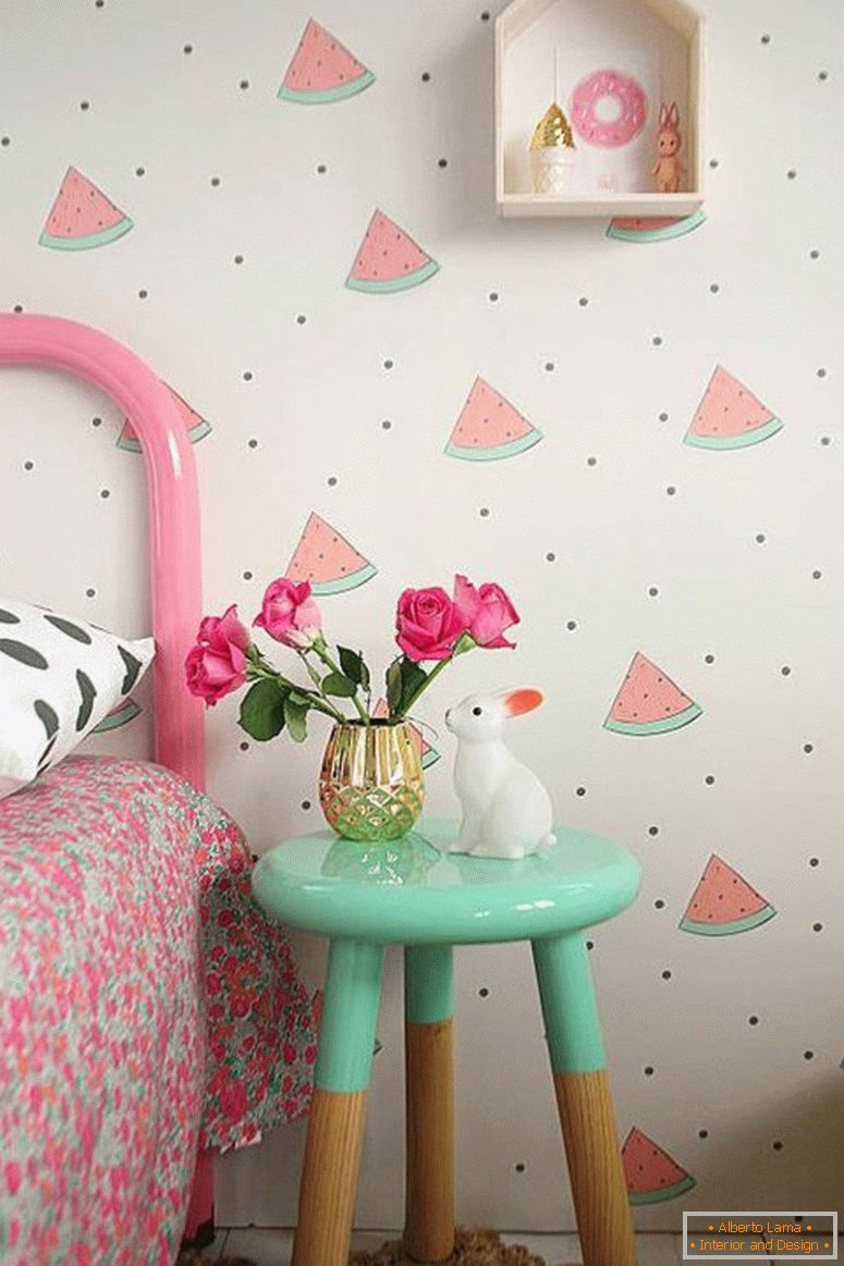 wallpapers-children's-room-watermelon-pattern-pink-side table