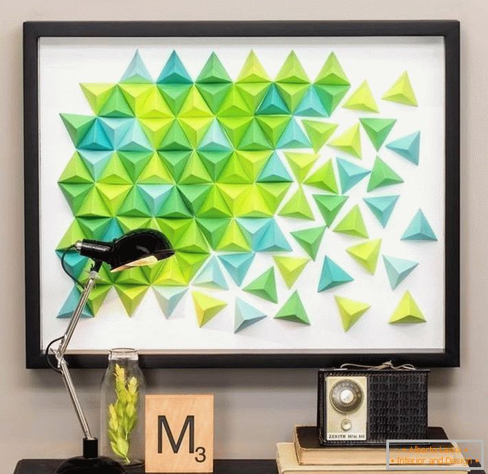 An origami panel of colored triangles