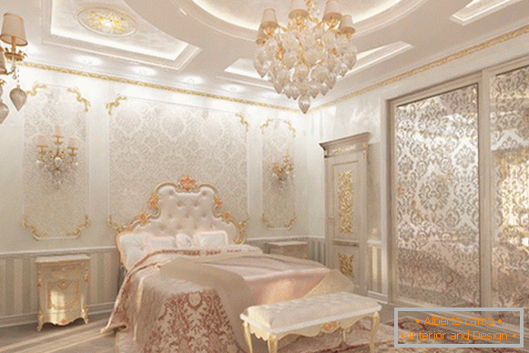 Interior of the bedroom with stucco decor in the style of luxury