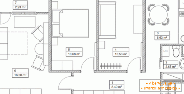 The layout of a three-room apartment