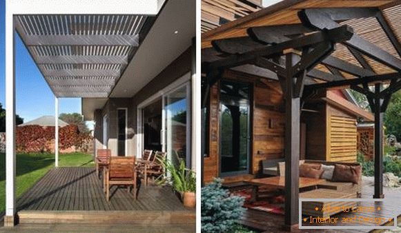 Wooden trellised awnings over the porch of a private house