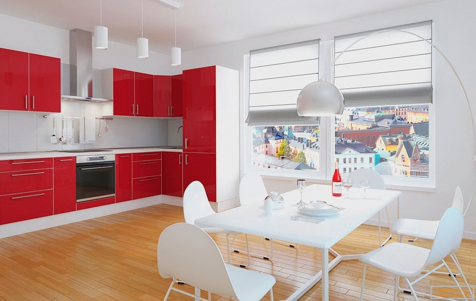 Red kitchen in the interior