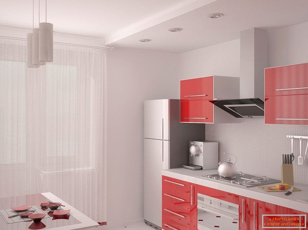 Light interior with red kitchen