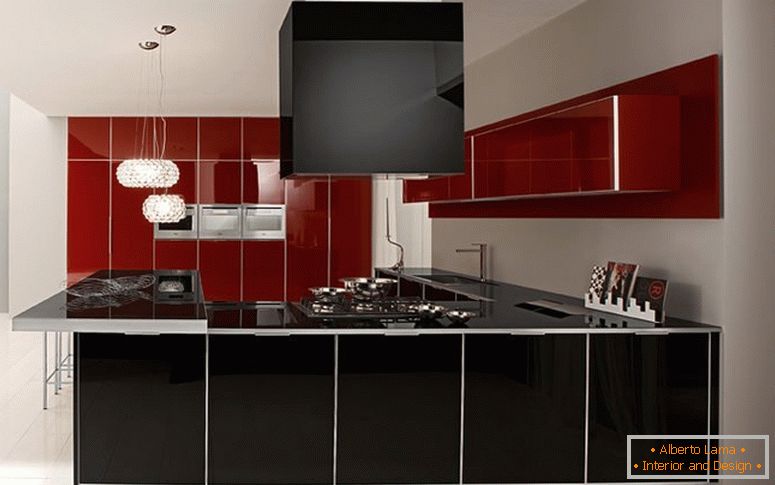 The combination of black, white and red flowers in the kitchen