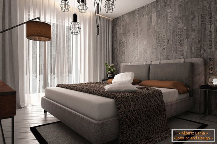 An example of well-chosen lighting for a bedroom in loft style.