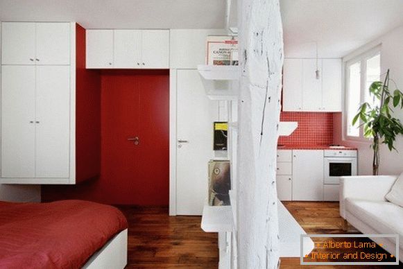 Creative interior of apartment in red color