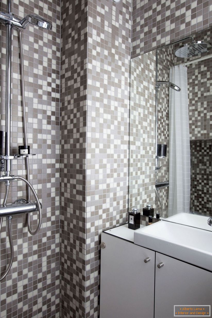 The interior of the bathroom consists of small tiles