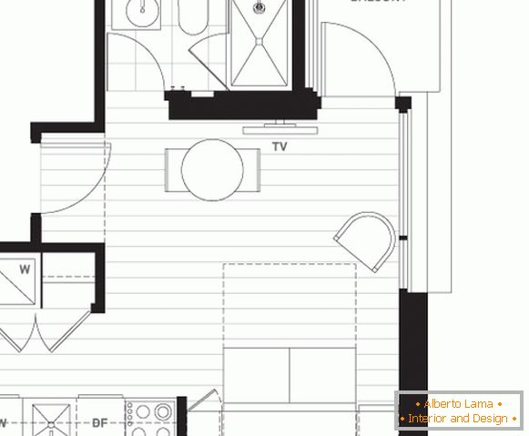 The layout of a small studio apartment with a balcony