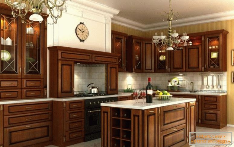 elegance-wooden-wardrobe-for-kitchen-design white-granite-countertop-backsplash lighting-idea-under-cabinet classic-chandelier-above-kitchen-island-along_striped-painting-wall-jpg