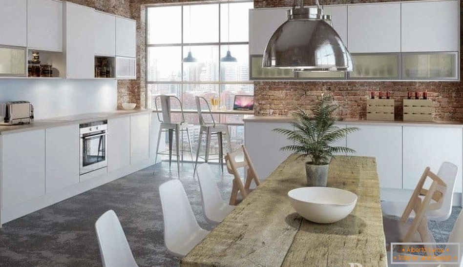 The combination of brick walls and white kitchen