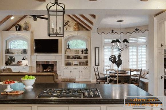 Kitchen design in black and white and Provence style