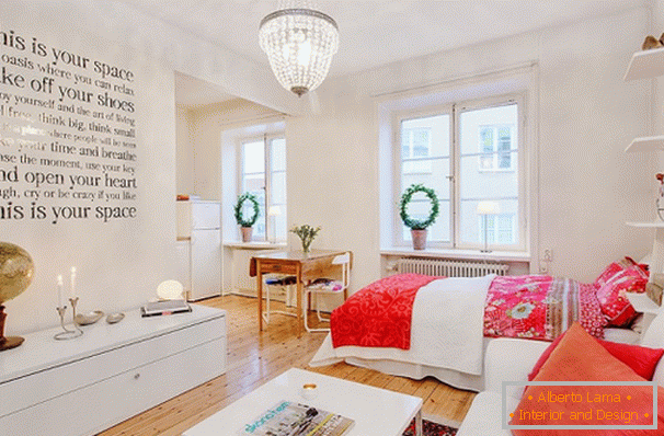 Bedroom and living room in Scandinavian style