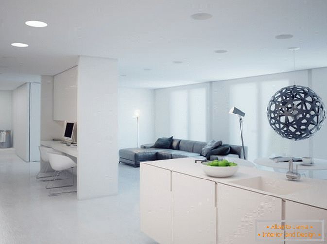 Interior of studio apartment in white color