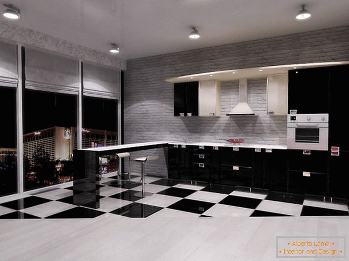 Kitchen in the style of minimalism in the studio apartment with panoramic windows is an excellent choice for people who love space and freedom of action.