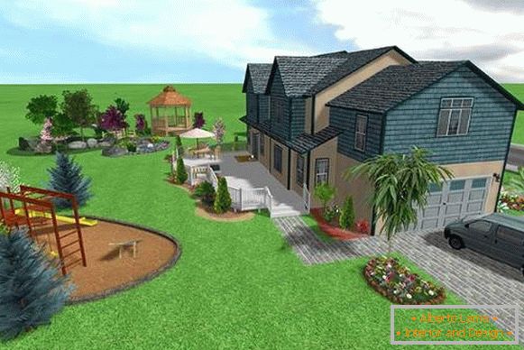 Landscaping of a country house 10 acres - photo with a children's playground