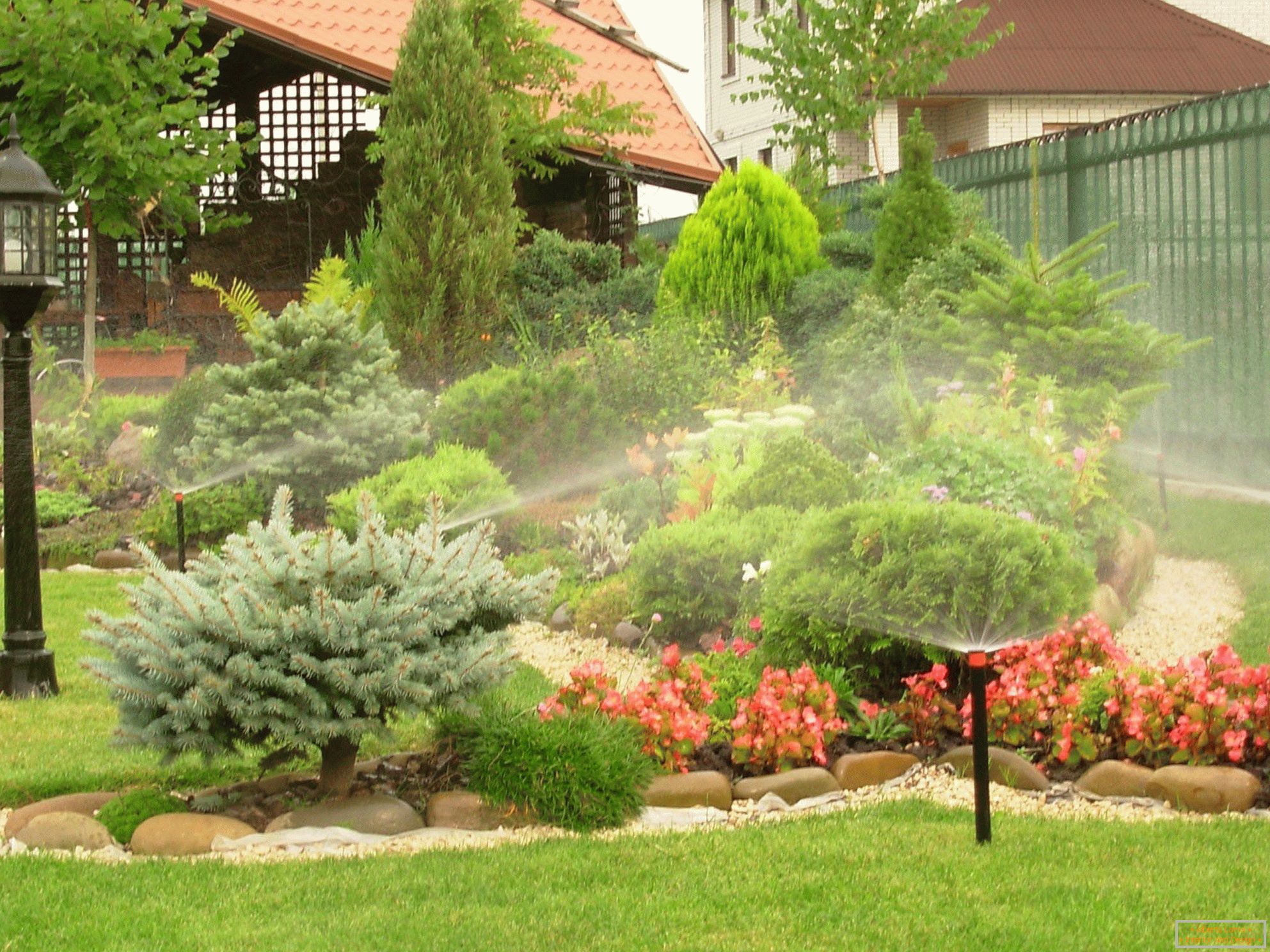 Lawn sprinklers and flower beds