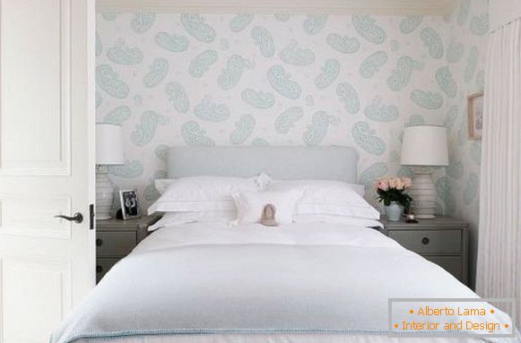 Design wallpaper for the bedroom in white and blue colors