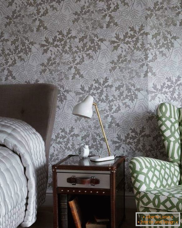 Stylish bedroom interior - wallpaper in gray