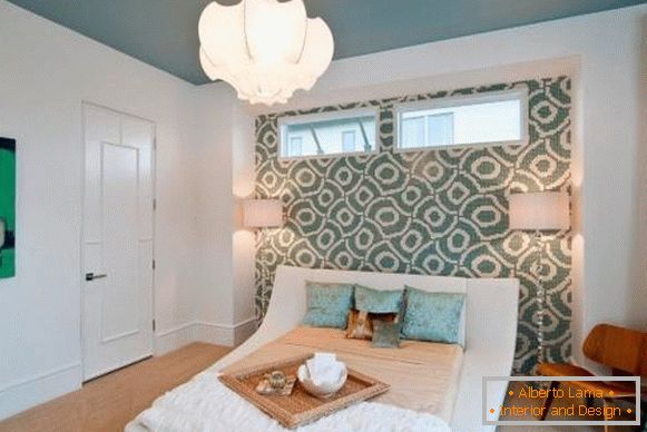 Turquoise wallpaper and ceiling in bedroom design