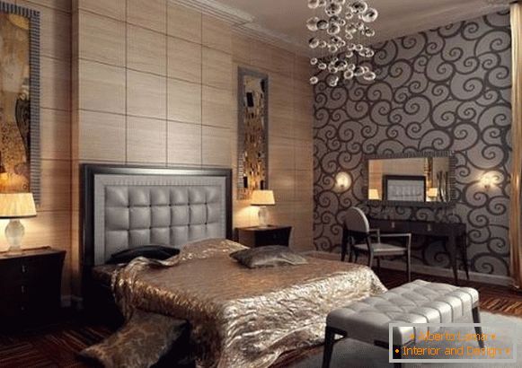 Classic bedroom interior with wallpaper of two kinds