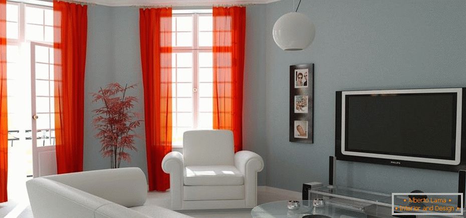 Bright curtains in the bright living room