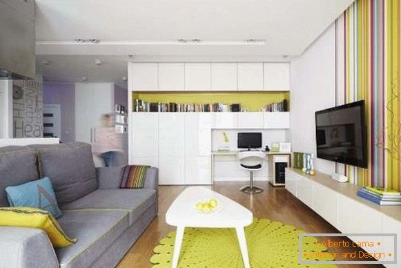 Small studio apartment in bright colors and modern style