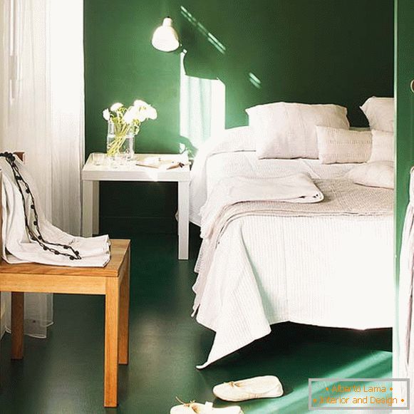 Small bedroom in white and green color