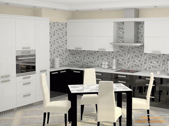 A white-black kitchen set in high-tech style with built-in appliances looks organically in the overall concept of a design idea. 