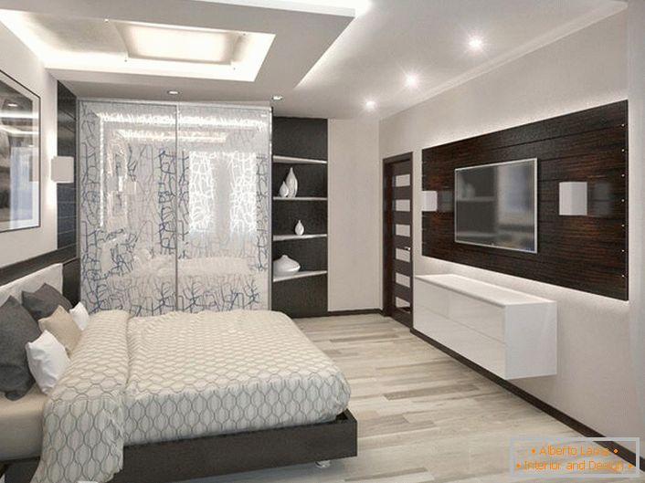 Bright, spacious bedroom in high-tech style. Correctly matched furniture organically combines with the elements of decoration.