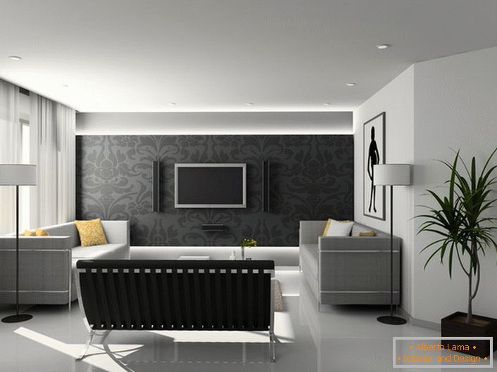 In the design of the guest rooms in the hi-tech style, predominantly strict geometric shapes and shades of gray are used.