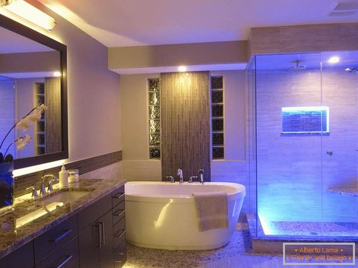 Style hi-tech is recognized as one of the most successful styles used to decorate the bathroom. 
