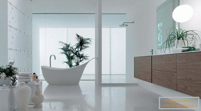 A large bathroom in high-tech style is made in light colors. Refresh the interior of the room with fresh flowers.