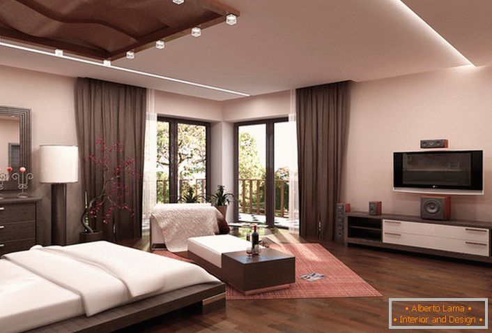 A spacious bedroom in high-tech style in beige tones in the house of a young family in Rome.