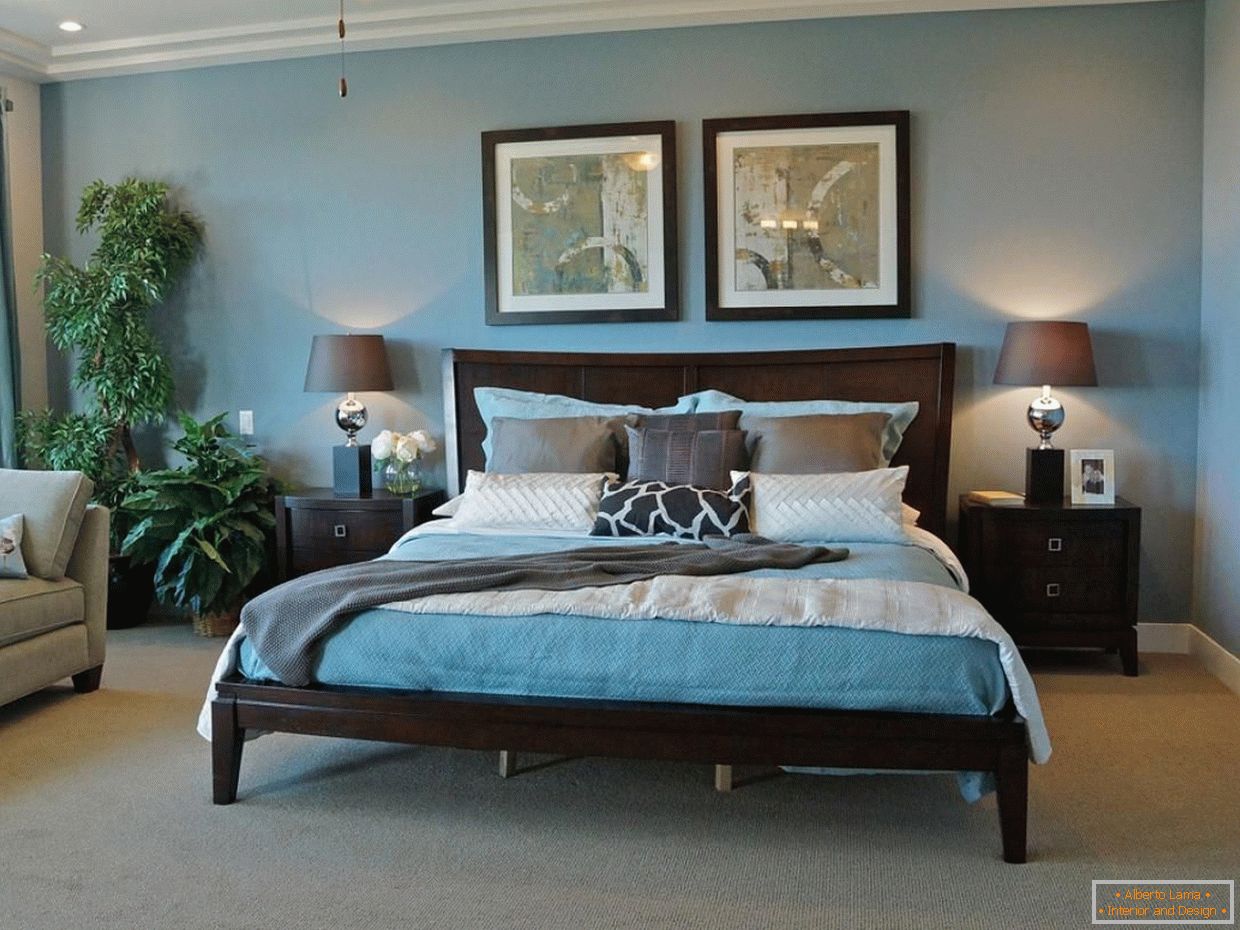 Wooden bed in a modern bedroom