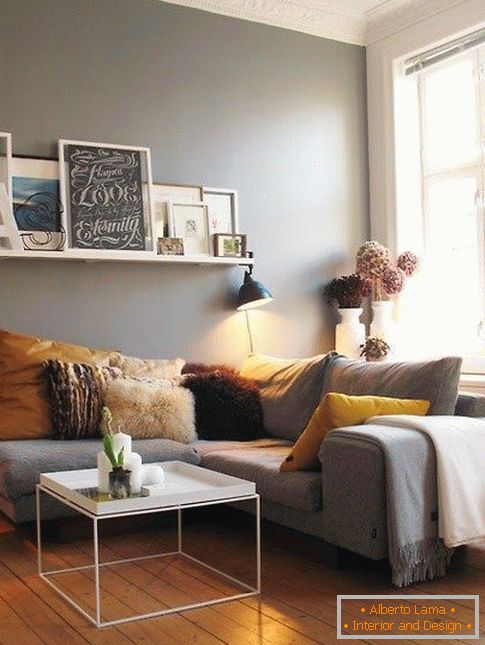 Gray living room with yellow accents