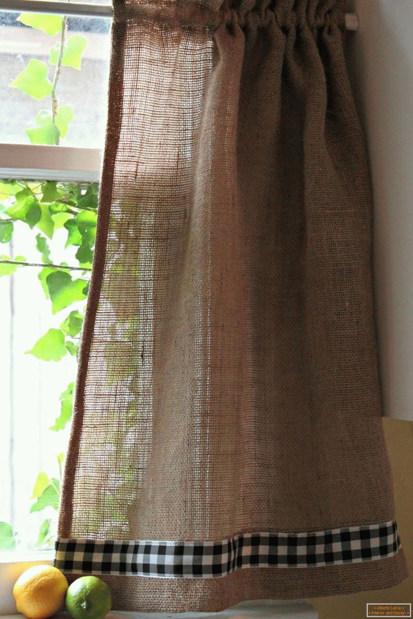 Curtain made of burlap на окне