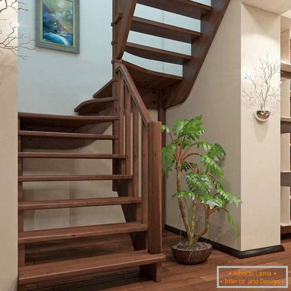 Wooden staircase with several spans in a private house