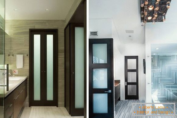 Dark color of doors in the bathroom interior with a light floor