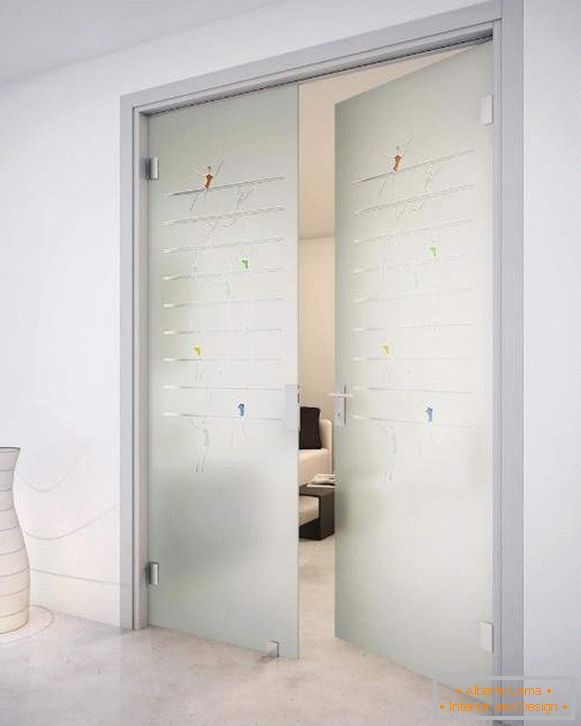 Double-leaf glass interior doors of frosted glass