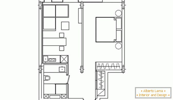 The layout of a small one-bedroom apartment in Kiev