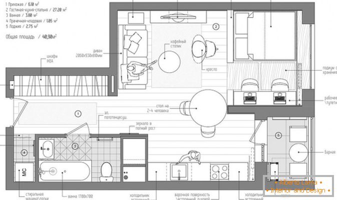 The layout of a small studio apartment in Moscow