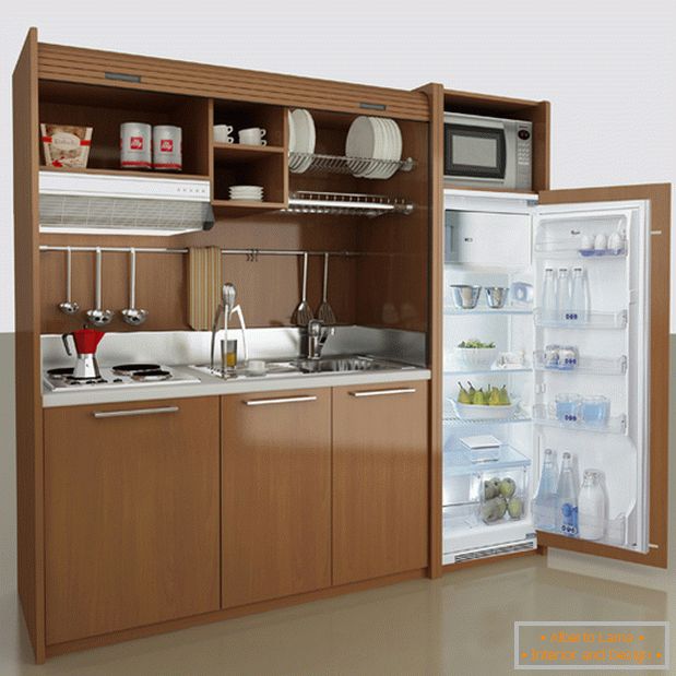 Functionally organized linear mini-kitchen