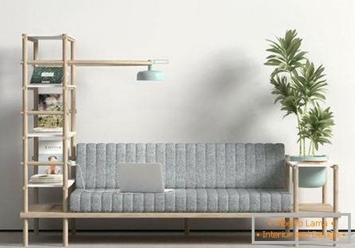 Sofa with shelves and a lamp