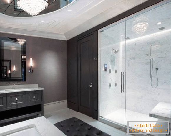 Glass doors for a shower room in the bathroom interior