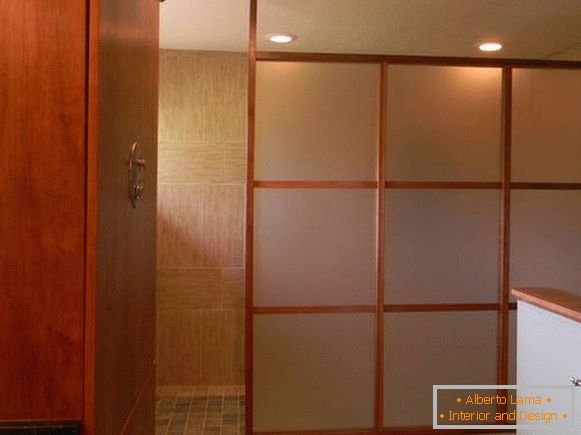Shower enclosure - wooden partition with frosted glass